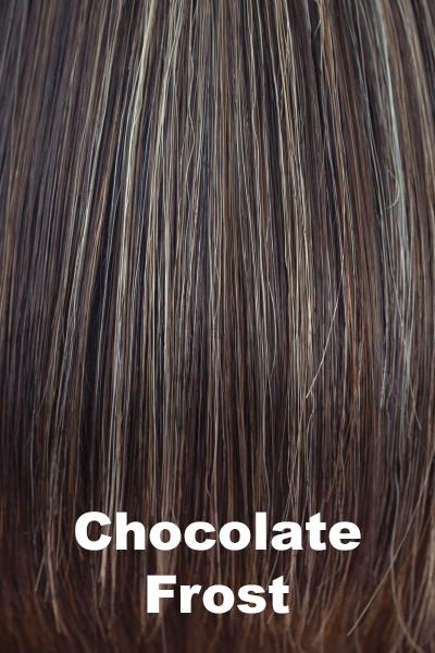 Color Chocolate Frost for Rene of Paris wig Audrey #2350. Medium brown base with cool toned light blonde and warm toned dark blonde highlights.