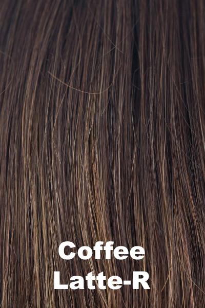 Color Coffee Latte-R for Noriko wig Seville #1685. Rich medium brown base with warm medium brown and medium golden blonde highlights and a deep dark brown root.
