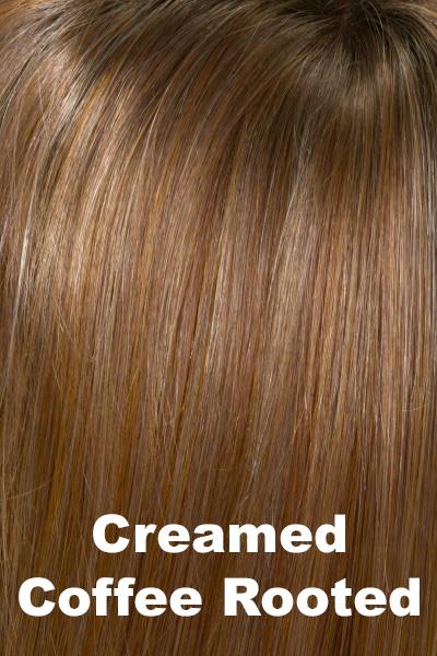 Color Swatch Creamed Coffee for Envy wig Zoey Human Hair Blend.  Rich brown base with a warm Mahogony and copper brown with strawberry blonde dimensions.