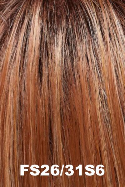 Color FS26/31S6 (Salted Caramel) for Jon Renau wig Camilla (#5401). Dark brown rooted auburn base with heavy golden copper highlights.