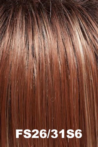 Color FS26/31S6 (Salted Caramel) for Jon Renau wig Mariska Petite (#5981). Dark brown rooted auburn base with heavy golden copper highlights.