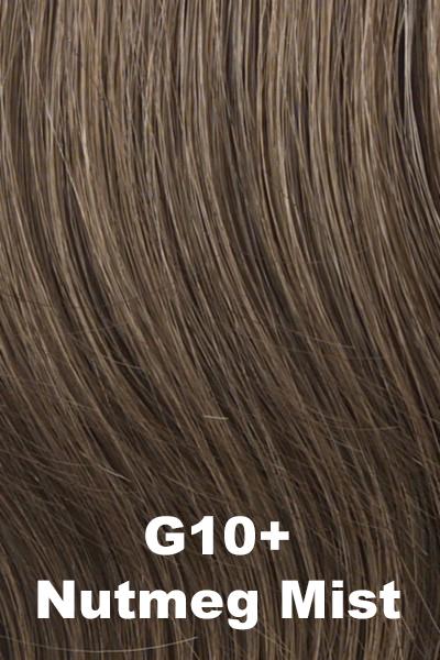 Color Nutmeg Mist (G10+) for Gabor wig Precedence.  Warm medium brown base with dark blonde and light brown highlights.