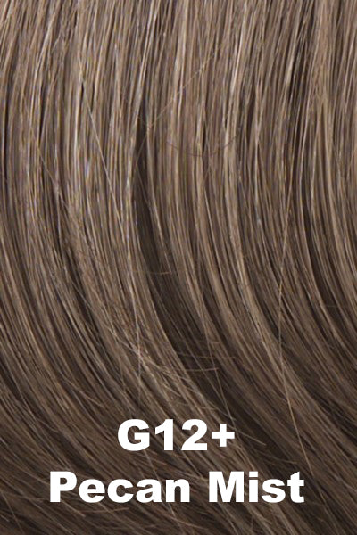 Color Pecan Mist (G12+) for Gabor wig Innuendo.  Medium cool toned brown base with dark sandy blonde highlights.