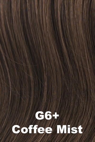 Color Coffee Mist (G6+) for Gabor wig Precedence.  Natural cool toned dark brown base with neutral medium brown highlight.