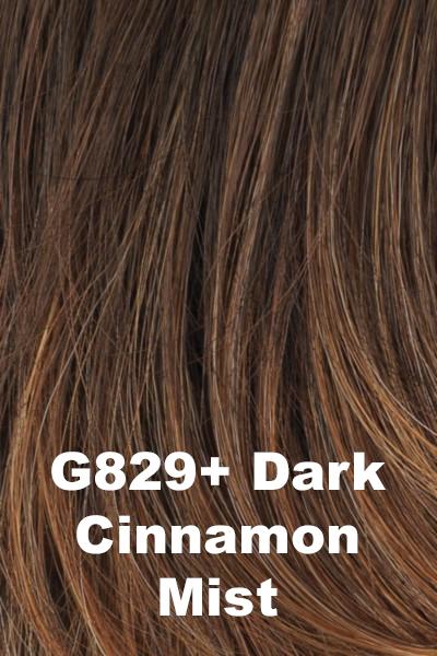 Color Dark Cinnamon Mist (G829+) for Gabor wig Instinct petite.  Dark brown with bronze and honey brown highlights.