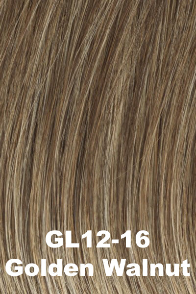 Color Golden Walnut (GL12-16) for Gabor wig Unspoken.  Dark warm blonde base with cool toned creamy blonde highlights.