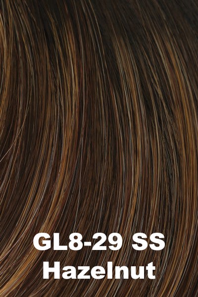 Color SS Hazelnut (GL8-29SS) for Gabor wig Curves Ahead.  Medium brown with warm golden undertones with honey brown and light copper brown highlights.