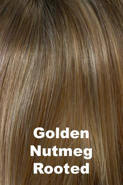 Color Swatch Golden Nutmeg  for Envy wig Krista Human Hair Blend.  Medium brown base with a red hue, golden blonde highlights and a rich chocolate brown root.