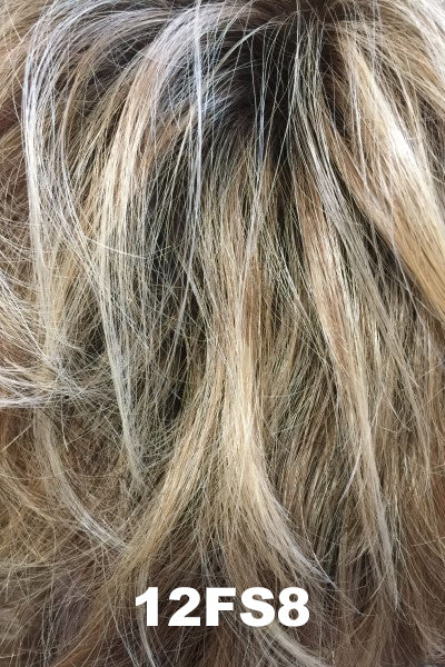 Color 12FS8 (Shaded Praline) for Jon Renau wig Spicy (#5144). Medium brown roots and a light brown, light blonde and pale blonde blend with a golden undertone.