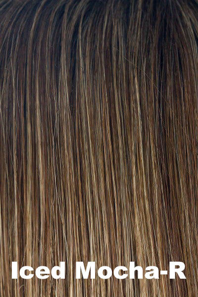 Color Iced Mocha-R for Amore wig Bay (#2585). Medium brown base with cool light blonde highlights and a warm dark root.