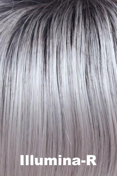 Color Illumina-R for Noriko wig Reese Partial Mono #1697. Iridescent white base with silver and pale purple hues and a dark brown root.