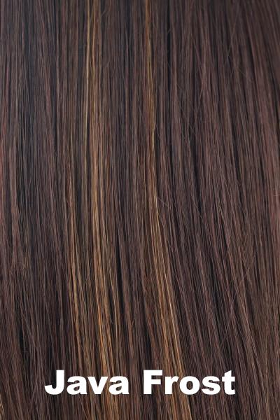Color Java Frost for Noriko wig May #1673. Warm medium brown base with red brown and medium golden blonde highlights.
