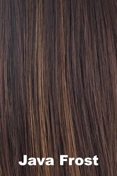 Color Java Frost for Rene of Paris wig Cameron #2362. Warm medium brown base with red brown and medium golden blonde highlights.