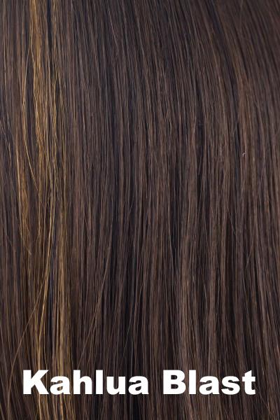 Color Kahlua Blast for Amore Long Mono Top Piece #752. Dark chocolate base with cool undertones and golden blonde face framing highlights.