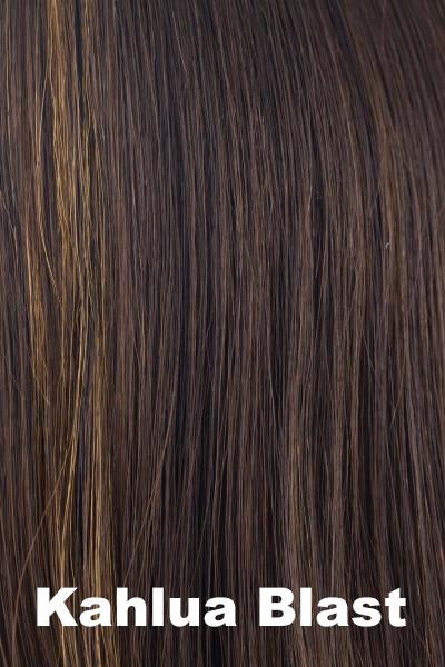 Color Kahlua Blast for Noriko wig Angelica Partial Mono #1696. Dark chocolate base with cool undertones and golden blonde face framing highlights.