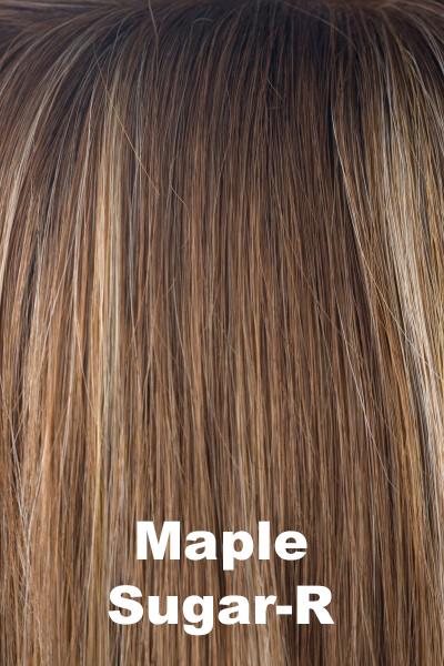 Color Maple Sugar-R for Noriko wig Reese Partial Mono #1697. Warm dark brown root, light brown base with warm undertones and golden and pale blonde highlights.