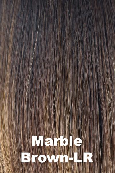 Color Marble Brown-LR for Amore wig Evanna Mono (#2568). Brown (8) blended with strawberry blond for an overall appearance of light golden brown with warm dark brown long roots.