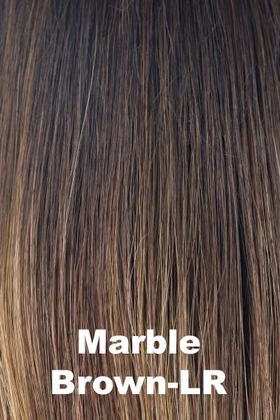 Color Marble Brown-LR for Rene of Paris Medium Top Piece (#731). Warm dark brown and medium golden blonde mix with warm dark brown long roots.