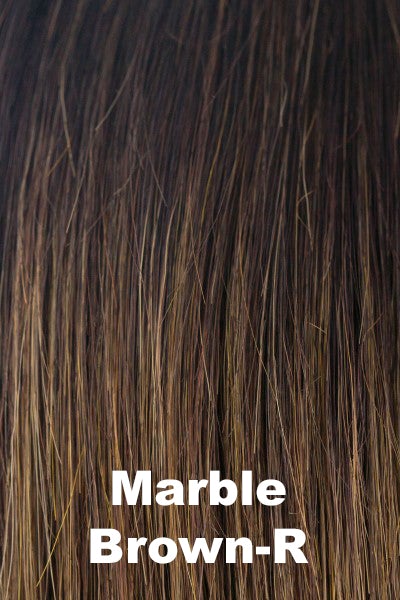Color Marble Brown-R for Rene of Paris wig Tara (#2402). Warm dark brown and medium golden blonde mix with warm dark brown long roots.
