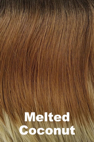 Color Melted Coconut for Rene of Paris wig Wren (#2401). Dark rich brown root, soft golden medium brown at middle and warm white ends.