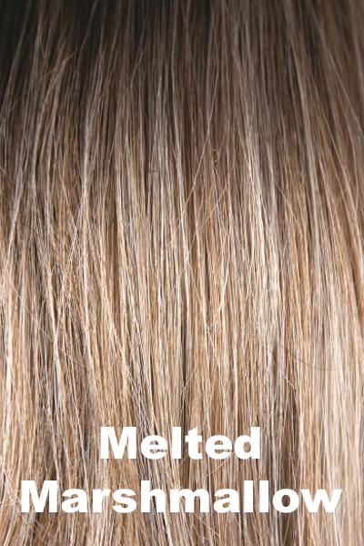 Color Melted Marshmallow for Amore wig Evanna Mono (#2568). Rich dark blonde root blending into a warm toffee base with golden and ash blonde highlights and coconut ash blonde tips.