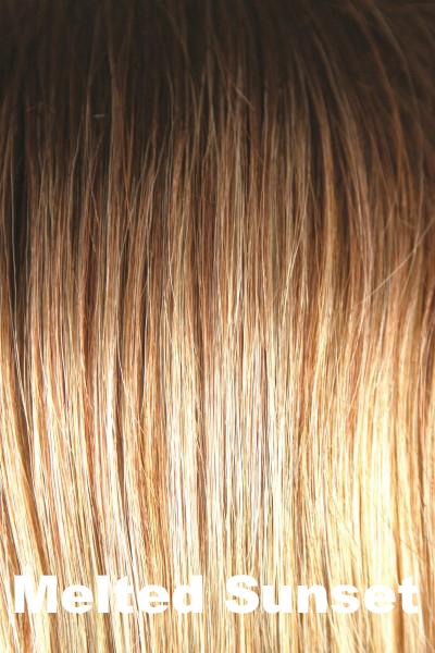 Color Melted Sunset for Amore wig Callie (#2567). Dark golden pearl brown root melting into a medium amber blonde with a hint of saffron and bright golden blonde ends.