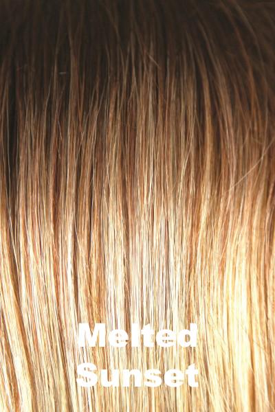 Color Melted Sunset for Rene of Paris wig Evanna #2378. Dark golden pearl brown root melting into a medium amber blonde with a hint of saffron and bright golden blonde ends.