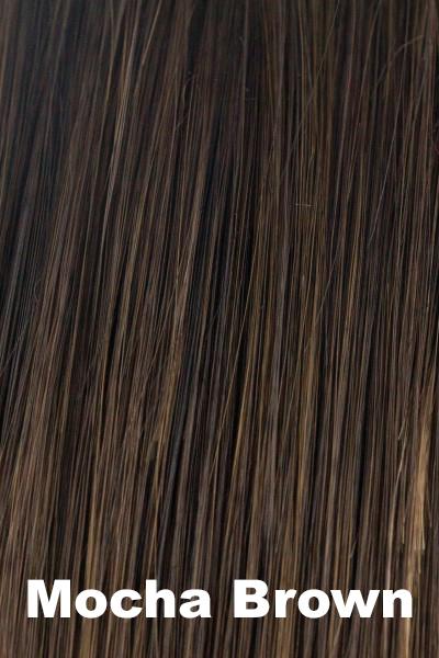 Color Mocha Brown for Rene of Paris wig Layla #2394. Soft dark brown base with golden undertones and subtle light ash brown highlights.