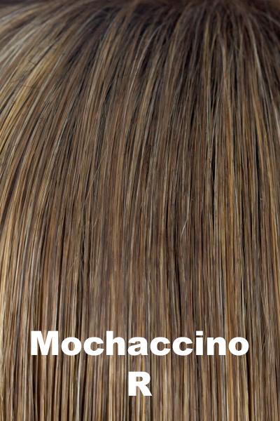 Color Mochaccino-R for Noriko wig Angelica Partial Mono #1696. Dark chocolate room with creamy and icy coconut blonde highlights and a chocolate undertone.