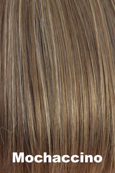 Color Mochaccino for Rene of Paris wig Tyler #2341. Rich medium warm brown base with cream and ice coconut blonde highlights and a chocolate undertone.