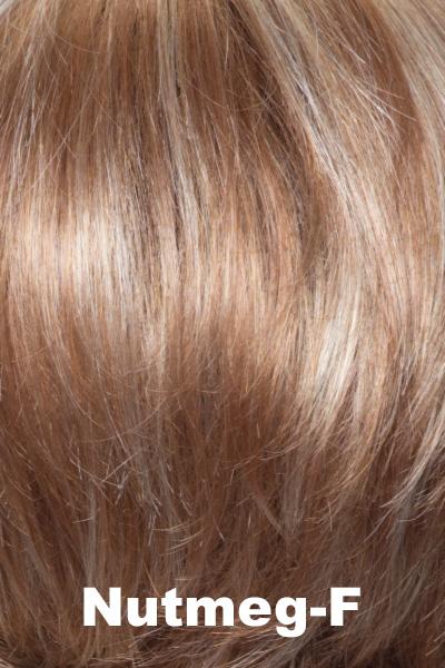 Color Nutmeg-F for Noriko wig Sky Large Cap #1699. Dark brown rooted nutmeg blonde and medium golden blonde base with cream blonde, warm coconut and honey blonde highlights.