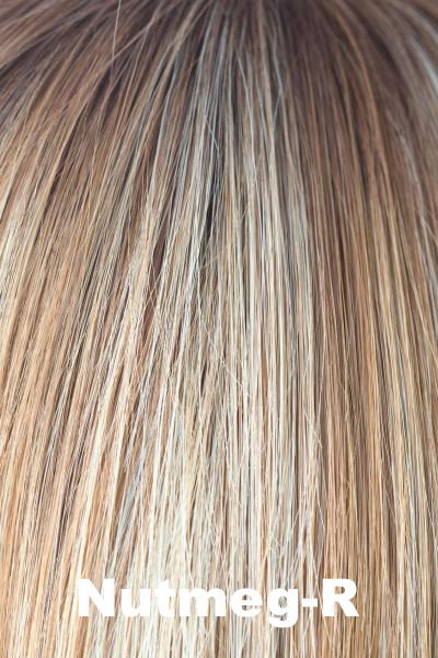 Color Nutmeg-R for Noriko wig Eva #1672. Medium brown rooted nutmeg blonde and medium golden blonde base with cream blonde, warm coconut and honey blonde highlights.