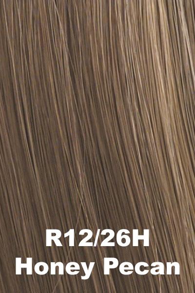 Color Honey Pecan (R12/26H) for Raquel Welch wig Winner Elite.  Light brown base with dark strawberry blonde highlights.