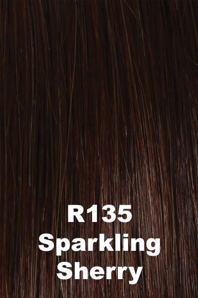 Color Sparkling Sherry (R135) for Raquel Welch wig Success Story Human Hair.  Dark brown base with a subtle reddish violet undertone and mahogany highlight.
