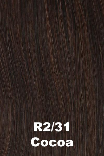 Color Cocoa (R2/31) for Raquel Welch wig Calling All Compliments Remy Human Hair.  Dark brown base with medium reddish brown highlights.