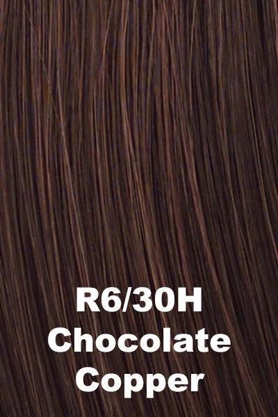 Color Chocolate Copper (R6/30H) for Raquel Welch wig Savoir Faire Remy Human Hair.  Rich dark chocolate brown with medium auburn highlights.