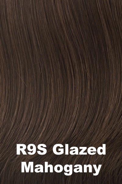 Color Glazed Mahogany (R9S) for Raquel Welch wig Center Stage.  Dark brown base with a reddish brown undertone and golden brown highlights.