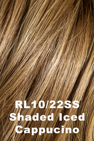 Color Shaded Iced Cappuccino (RL10/22SS)  for Raquel Welch wig Upstage Petite.  Medium brown roots blending into a light brown base and cool blonde highlights.