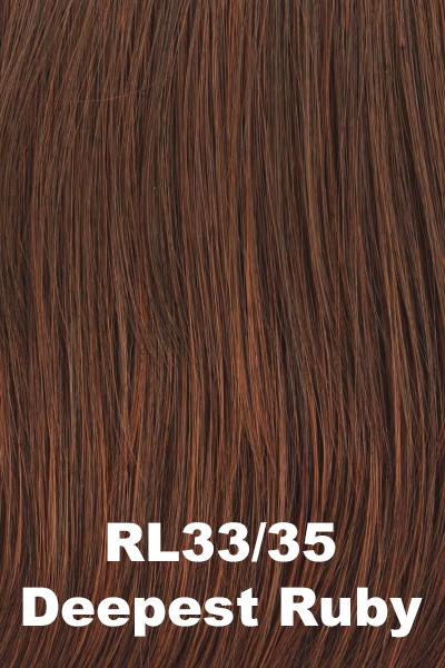 Color Deepest Ruby (RL33/35) for Raquel Welch wig Curve Appeal.  Dark auburn base with bright red highlights.