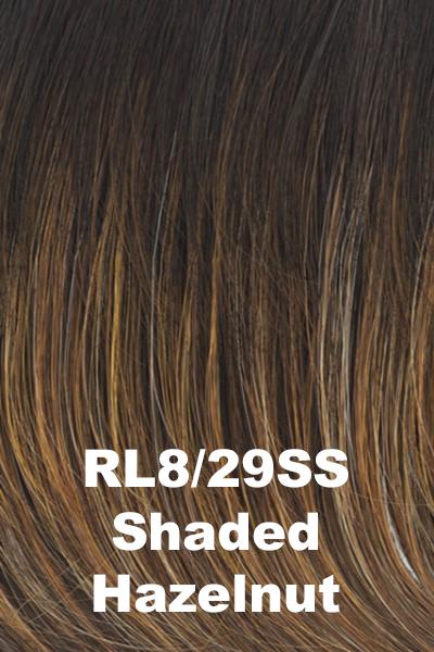 Color Shaded Hazelnut (RL8/29SS) for Raquel Welch wig Editor's Pick.  Dark rooting blended into a medium brown base with honey and light copper blonde highlights.