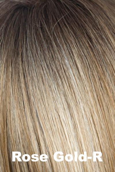 Color Rose Gold-R for Noriko wig Meadow #1719. Dark to medium golden brown root blending into a rose gold blonde base.