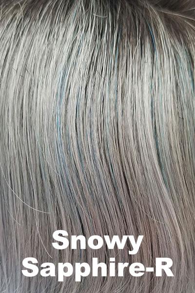 Color Snowy Sapphire-R for Rene of Paris wig Max #2397. Smoky tone of soft black root + silver white base with a hint of soft blue.