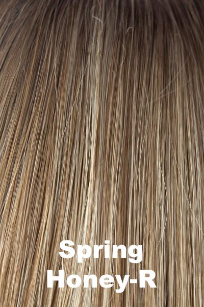Color Spring Honey-R for Noriko wig Tessa #1693. Honey gold brown roots, a golden brown base and wheat blonde and strawberry blonde highlights.