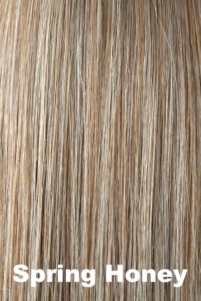 Color Spring Honey for Rene of Paris wig Misha #2363. Medium golden brown base with wheat blonde and strawberry blonde highlights.