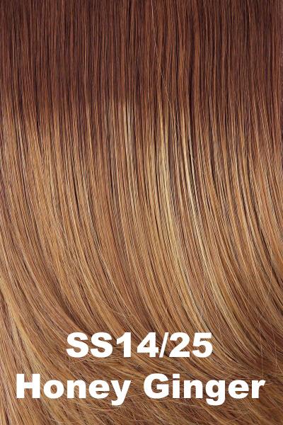 Color Honey Ginger (SS14/25) for Raquel Welch wig Winner Elite.  Dark blonde undertones with a medium honey-ginger blonde mix that blends into a dark root.