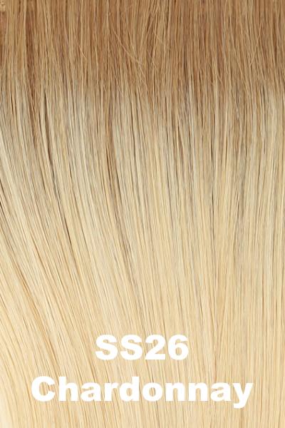 Color Shaded Chardonnay (SS26) for Raquel Welch wig Calling All Compliments Remy Human Hair.  Dark golden brown root melting into a pale blonde base with golden undertones and pearl blonde highlight.