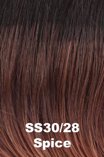 Color Shaded Spice (SS30/28) for Raquel Welch wig Crushing on Casual.  Rich dark brown roots with a warm bronzy copper base and pale copper highlights.