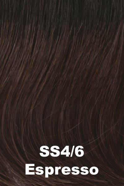 Color Shaded Espresso (SS4/6) for Raquel Welch wig Crushing on Casual.  Dark brown with subtle warm auburn highlights and dark roots.