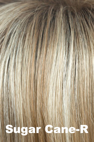 Color Sugar Cane-R for Amore wig Braylen (#2581). Dark brown roots with a medium blonde base and caramel and dusty blonde lowlights and highlights.