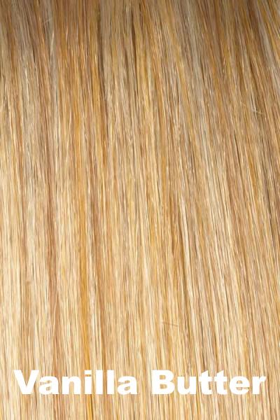 Color Swatch Vanilla Butter  for Envy wig Erica Human Hair Blend.  Golden blonde base with pale blonde and honey blonde highlights.